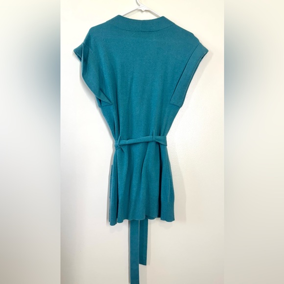 Beth Bowley Teal Knit Cardigan Long - Medium Cashmere Belted Sweater V-neck - Picture 4 of 12